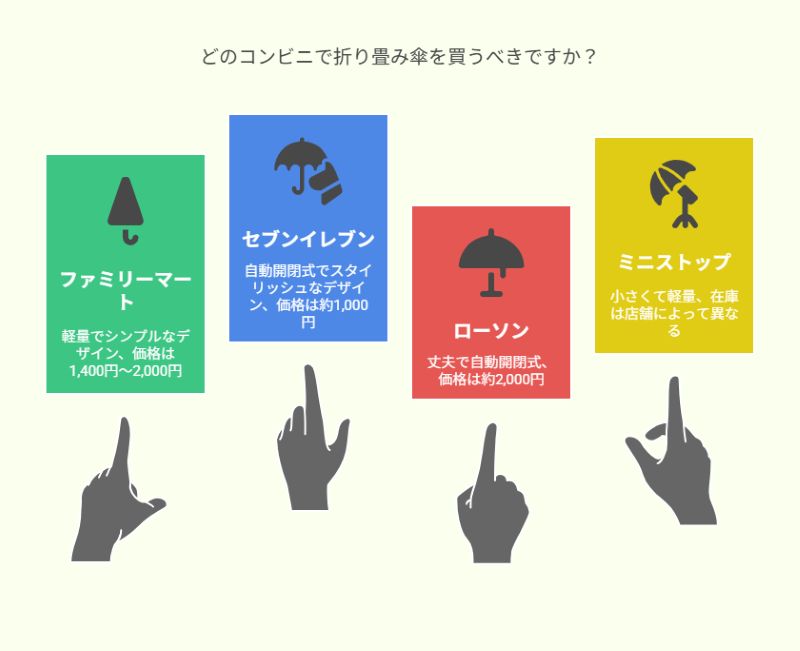 どのコンビニで折りたたみ傘を買うべきですか？
